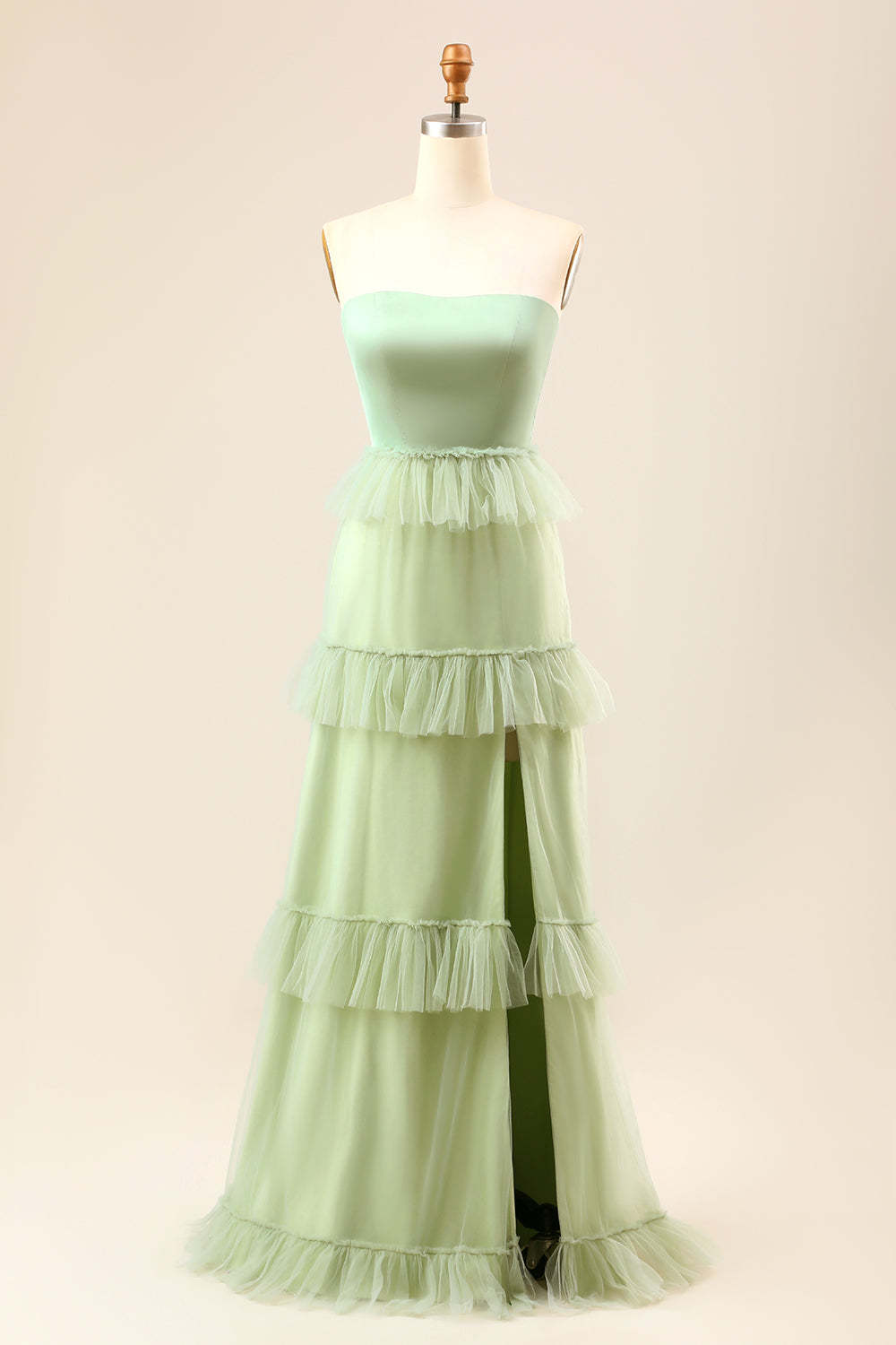 Leely Women Matcha Tulle Bridesmaid Dress Ruffles Tiered A Line Strapless Long Formal Dress with Slit
