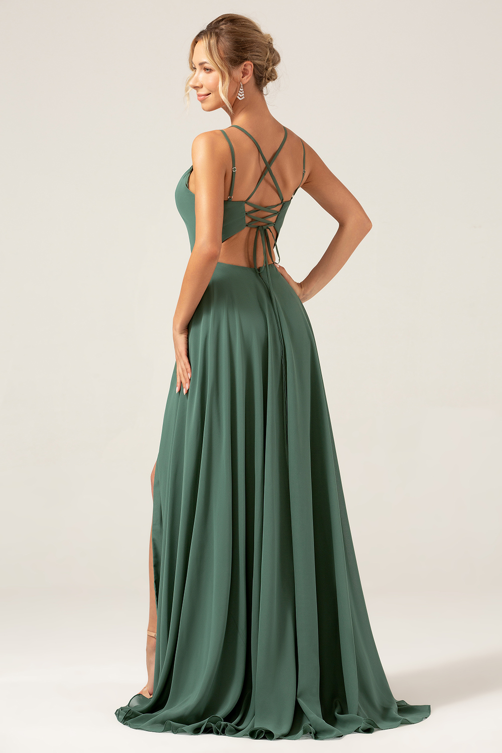 Eucalyptus A-Line Backless Chiffon Spaghetti Straps Long Bridesmaid Dress