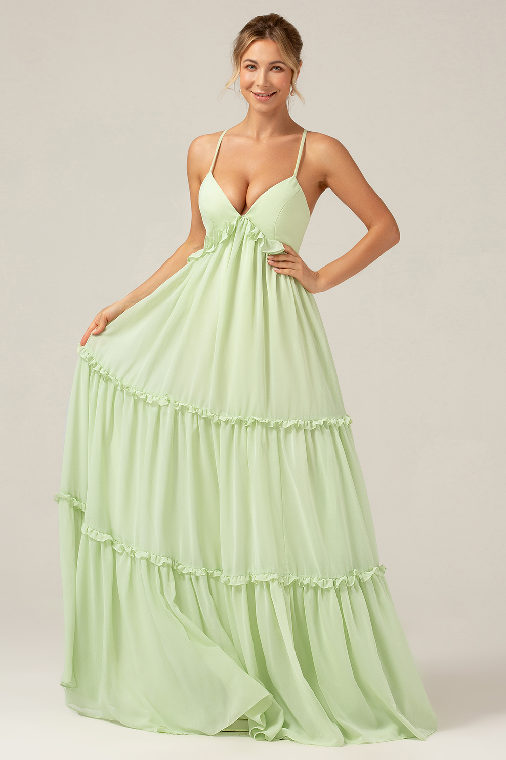 Green Ruffles A Line Spaghetti Straps Bridesmaid Dress with Lace-up Back