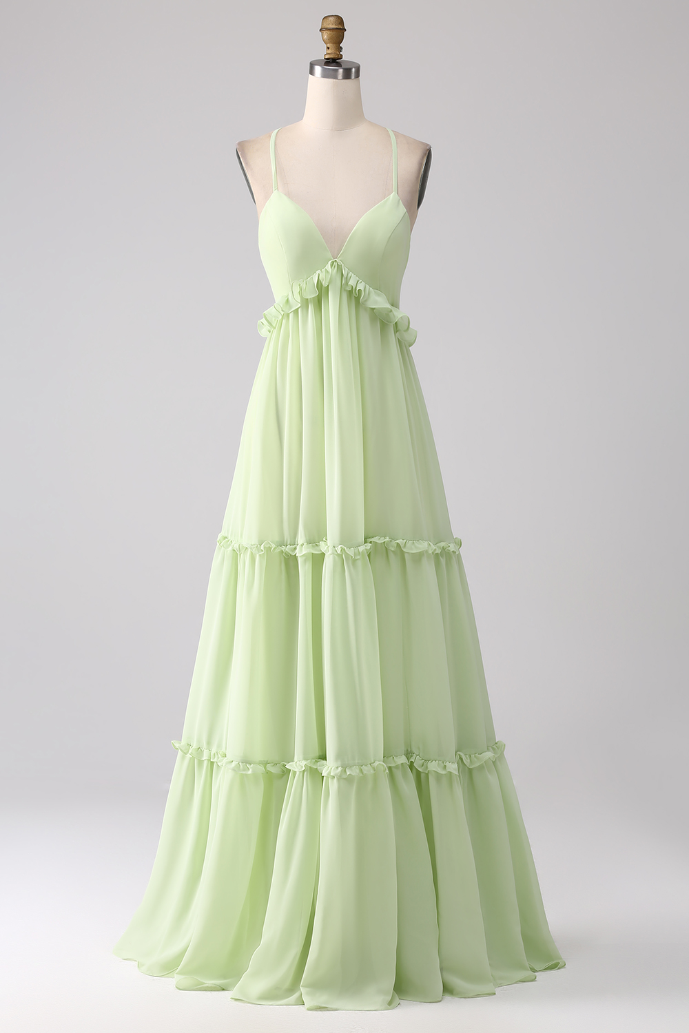 Leely Women Ruffles A Line Green Bridesmaid Dress with Lace-up Back