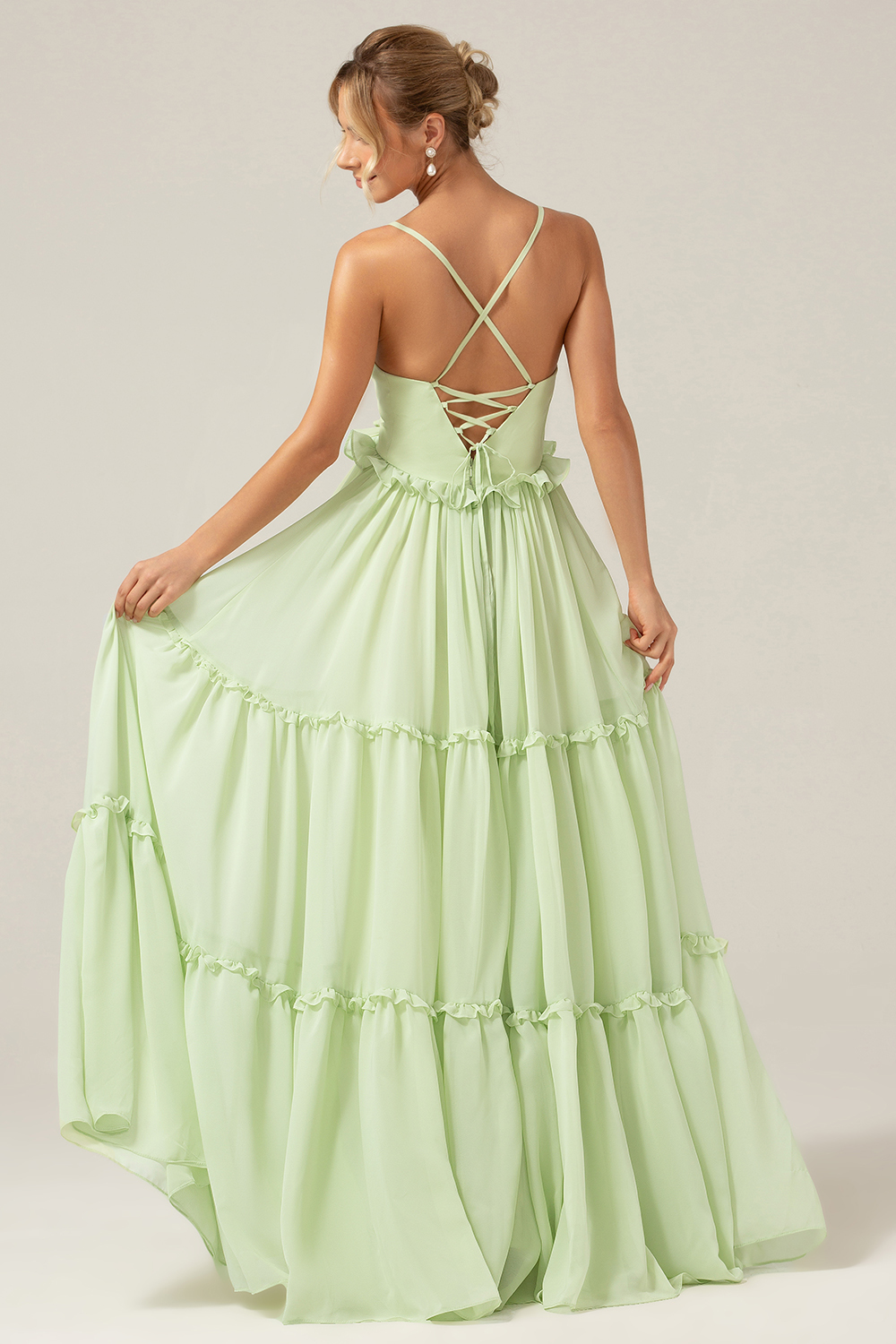 Green Ruffles A Line Spaghetti Straps Bridesmaid Dress with Lace-up Back