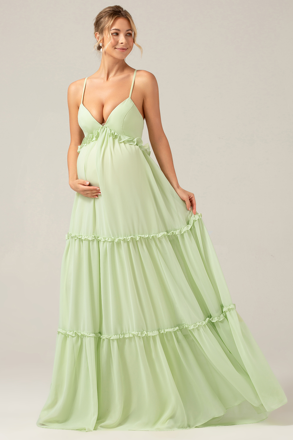 Green Ruffles A Line Spaghetti Straps Bridesmaid Dress with Lace-up Back