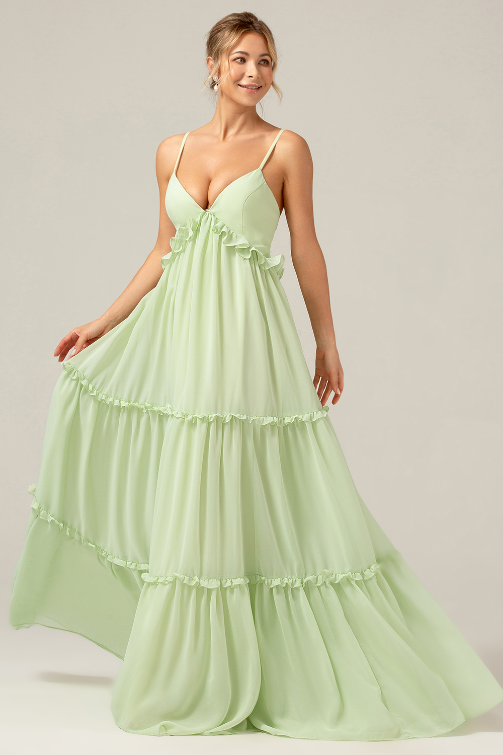 Leely Women Green A Line Long Bridesmaid Dress Ruffles Spaghetti Straps Lace-up Back Wedding Guest Dress