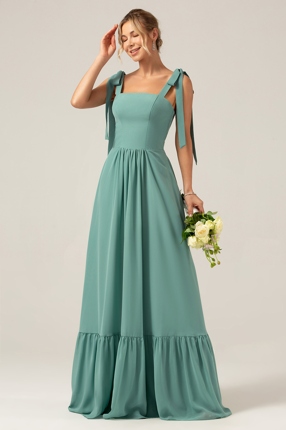Spaghetti Strap Square Neck Eucalyptus Ruffled A Line Bridesmaid Dress 