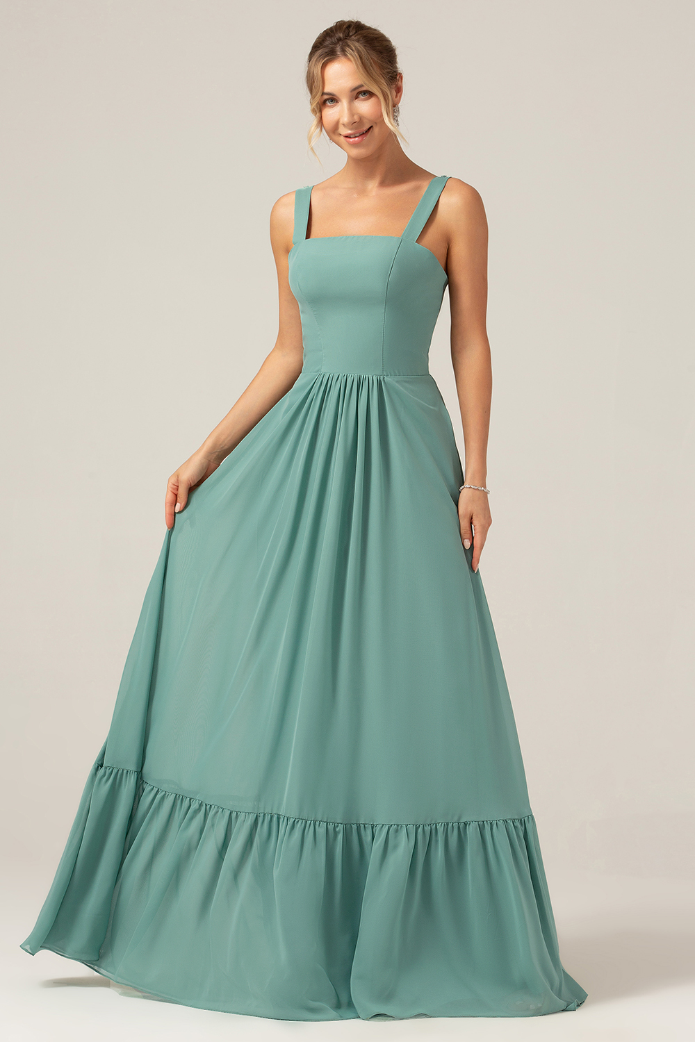 Leely Women Eucalyptus Chiffon Long Bridesmaid Dress Square Neck A Line Wedding Guest Dress