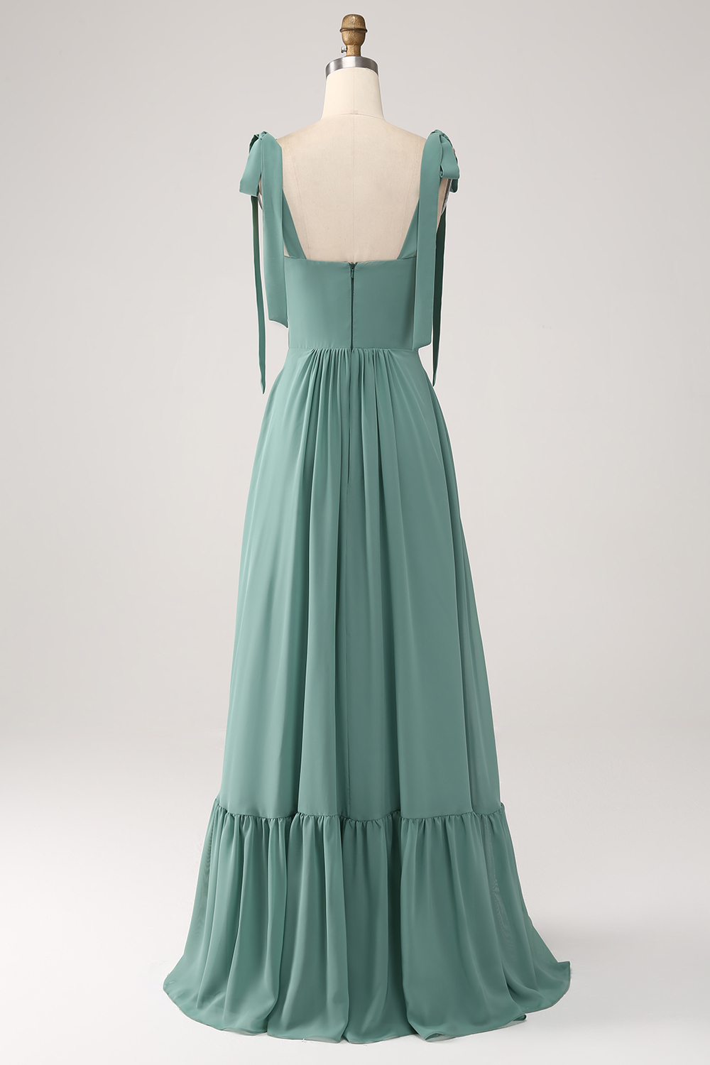 Spaghetti Strap Square Neck Eucalyptus Ruffled A Line Bridesmaid Dress 