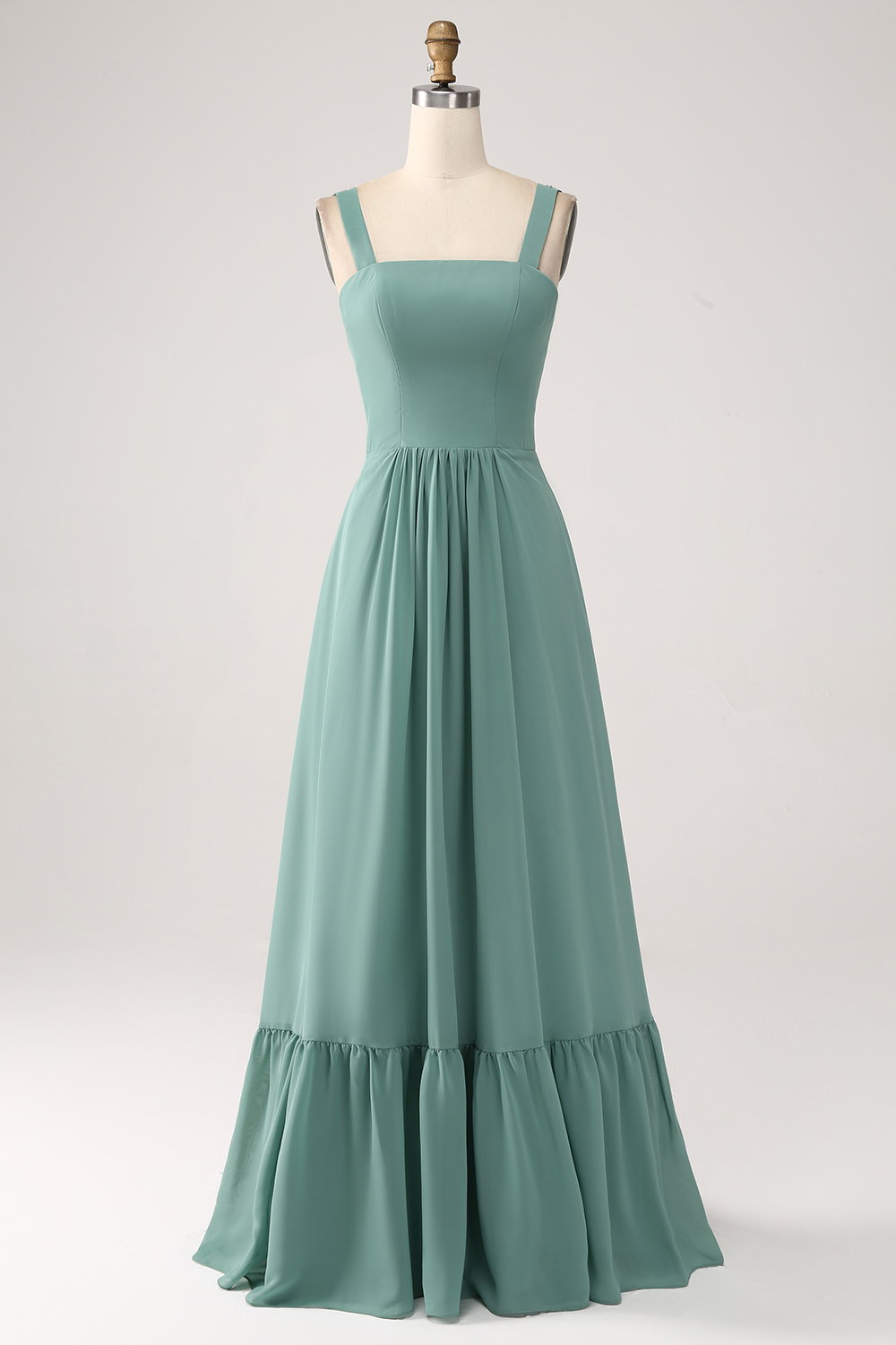 Spaghetti Strap Square Neck Eucalyptus Ruffled A Line Bridesmaid Dress 
