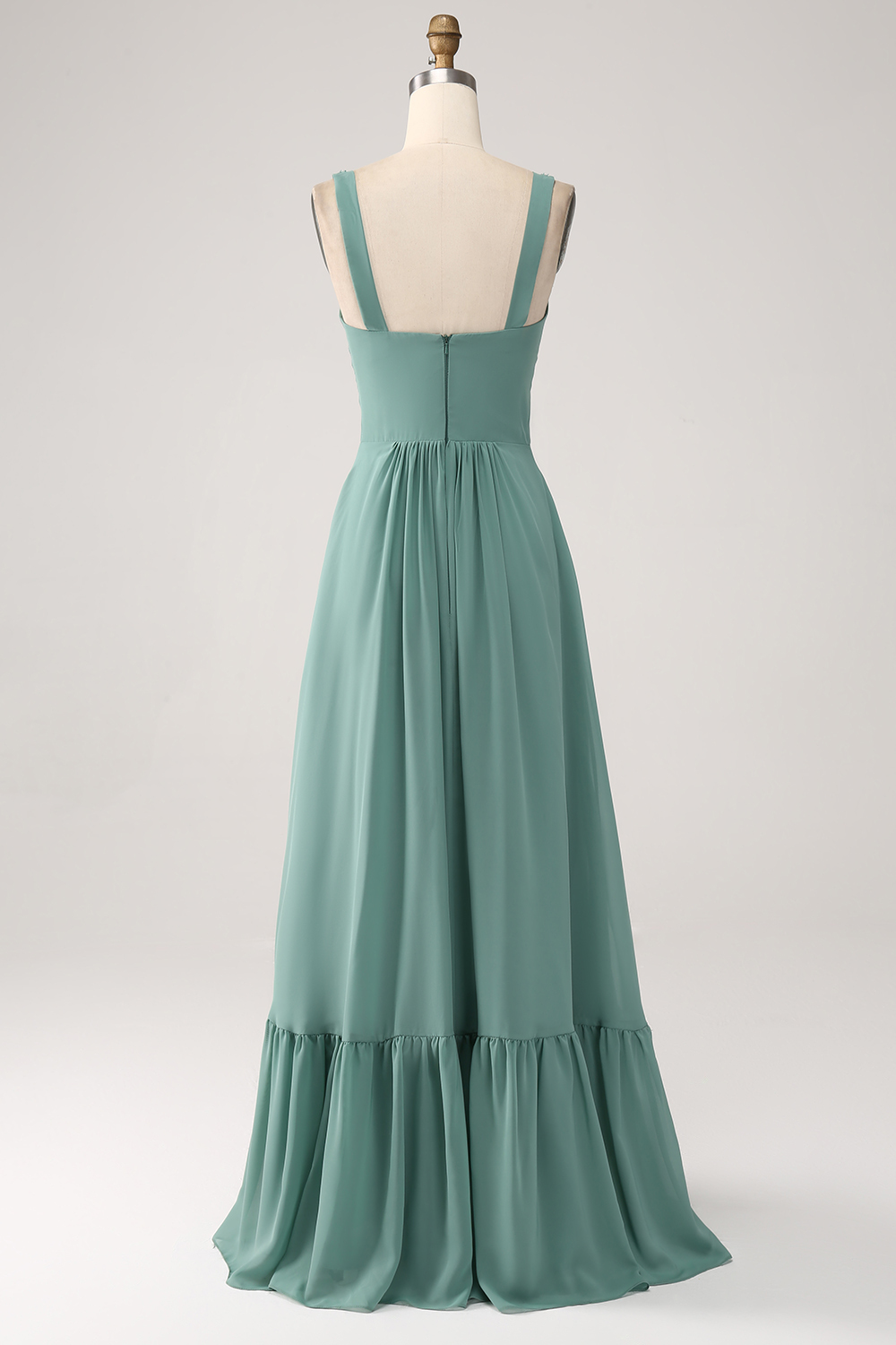 Spaghetti Strap Square Neck Eucalyptus Ruffled A Line Bridesmaid Dress 