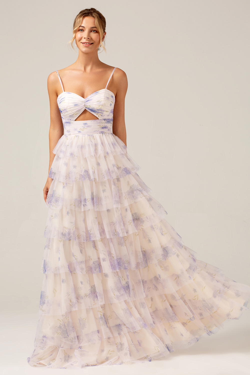 Tiered Lavender Flower Print Pleated Spaghetti Straps Bridesmaid Dress with Hollow-out