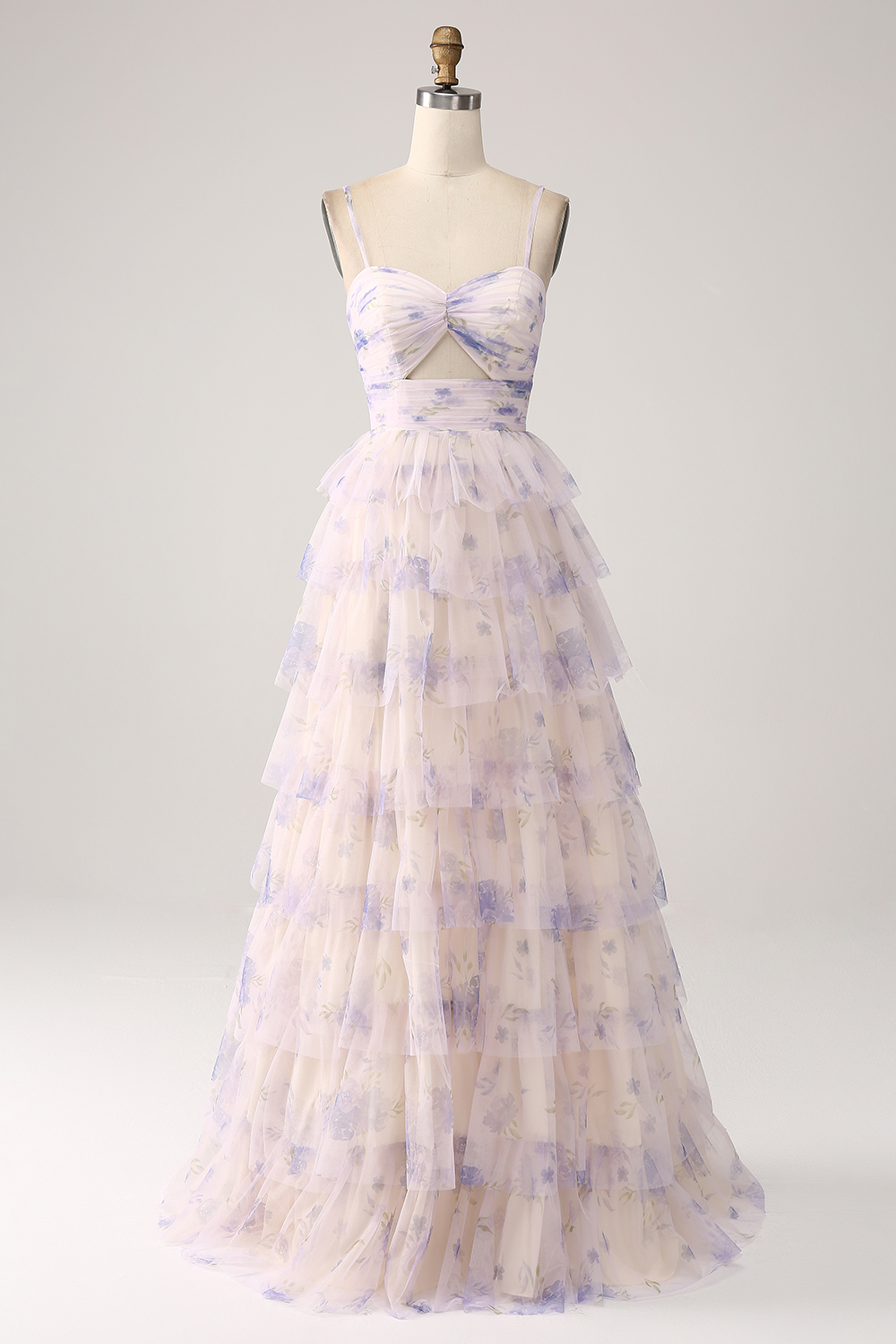Lavender Flower A Line Cut Out Pleated Tulle Tiered Long Prom Dress With Print