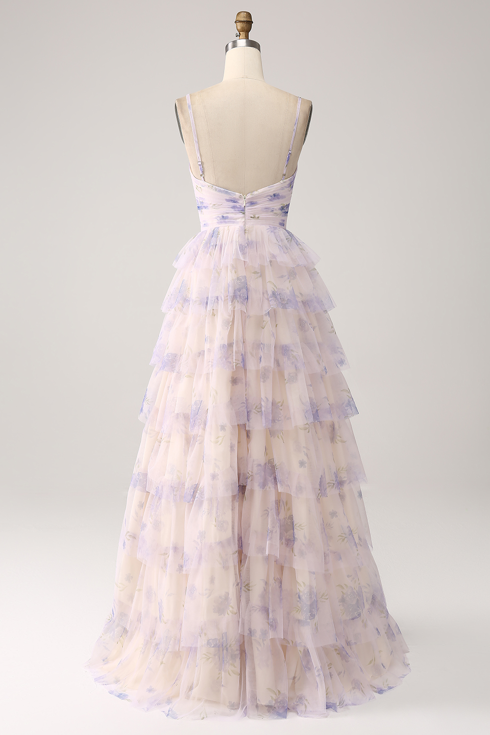 Lavender Flower A Line Cut Out Pleated Tulle Tiered Long Prom Dress With Print