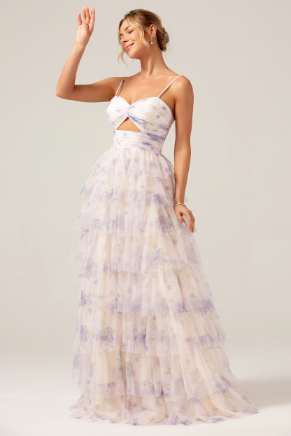 Tiered Lavender Flower Print Pleated Spaghetti Straps Bridesmaid Dress with Hollow-out
