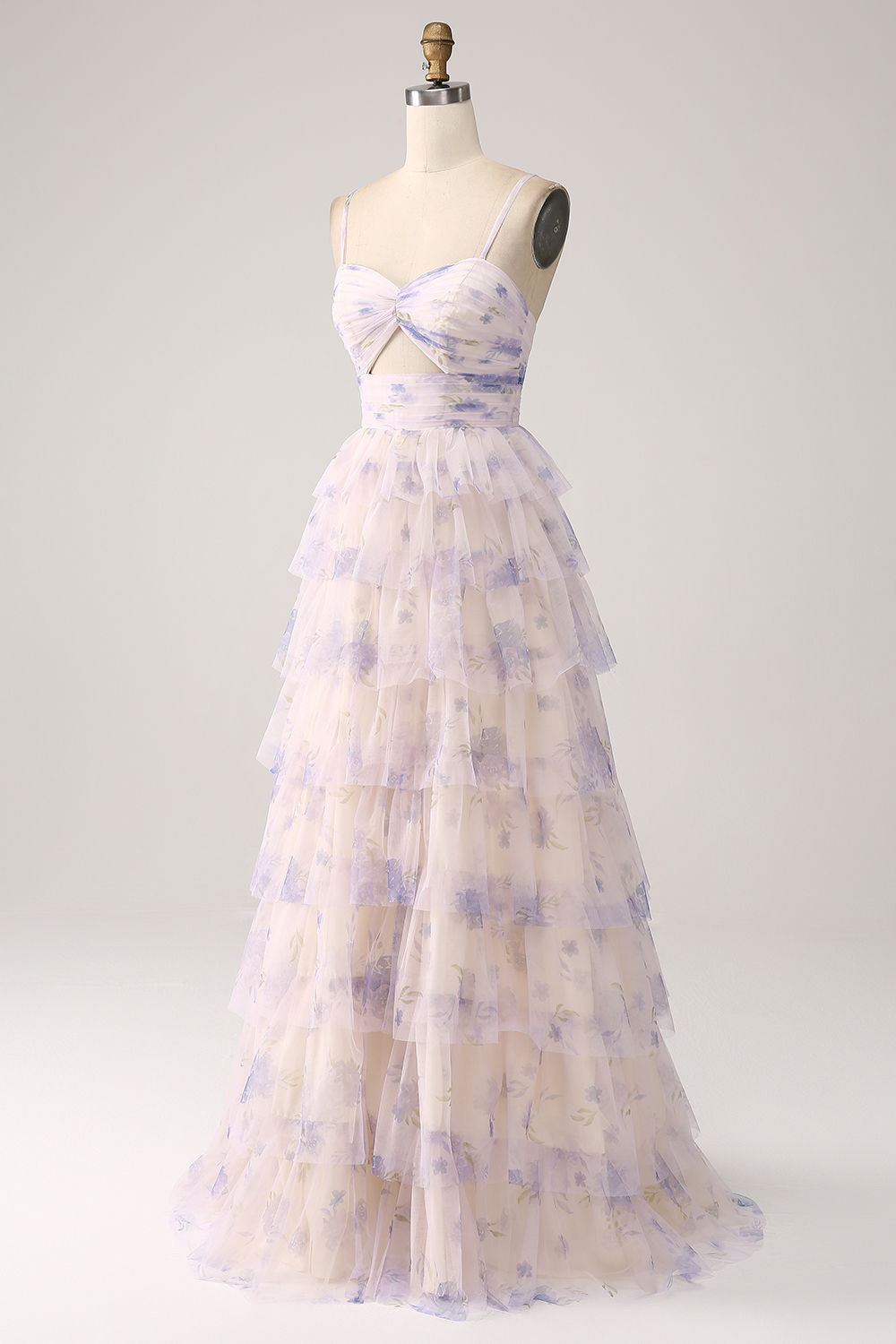 Lavender Flower A Line Cut Out Pleated Tulle Tiered Long Prom Dress With Print