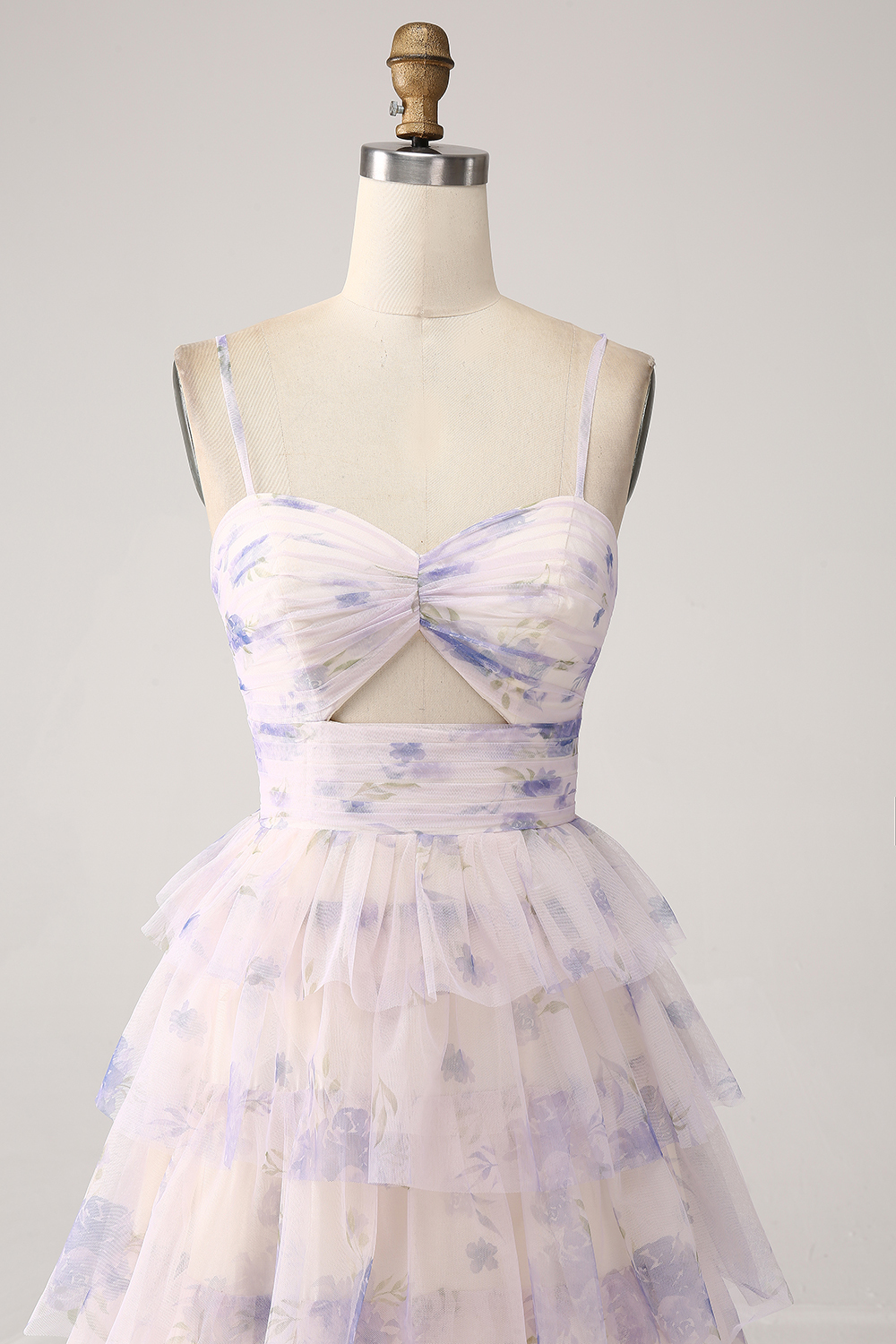 Lavender Flower A Line Cut Out Pleated Tulle Tiered Long Prom Dress With Print