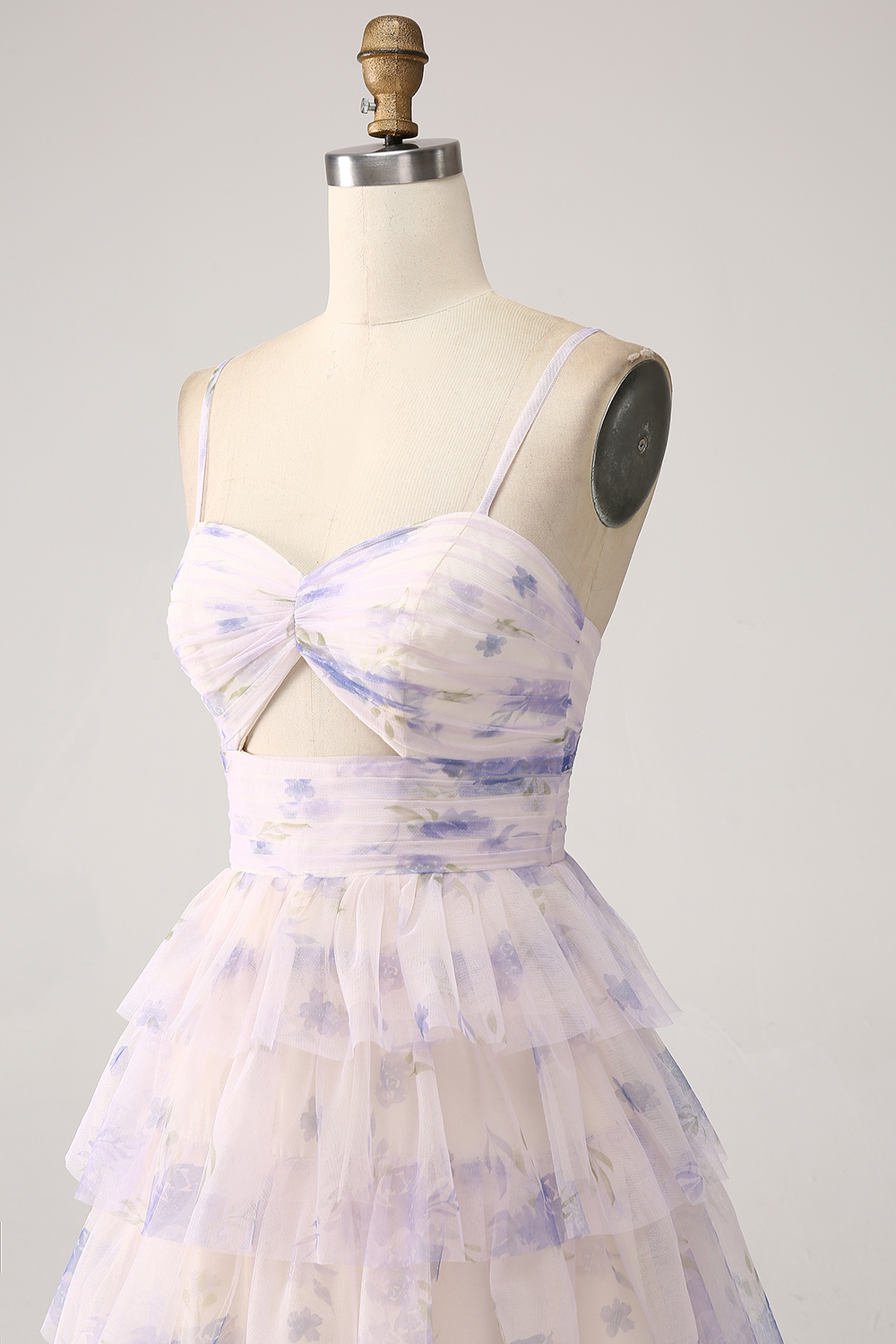 Lavender Flower A Line Cut Out Pleated Tulle Tiered Long Prom Dress With Print