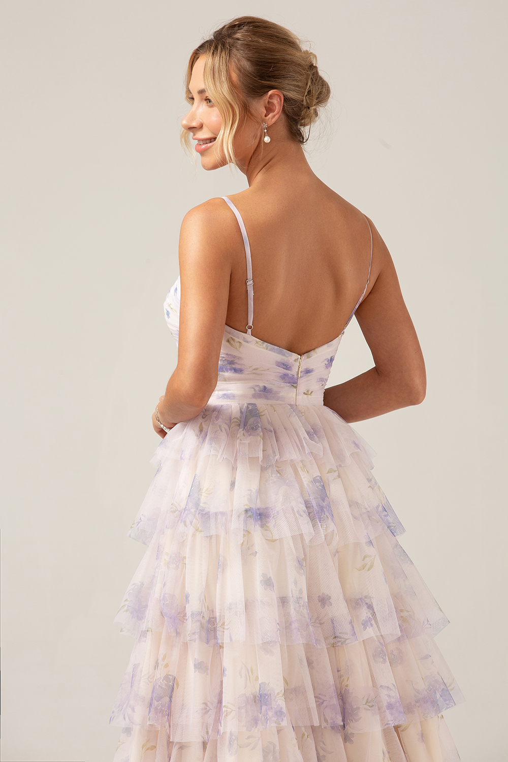 Tiered Lavender Flower Print Pleated Spaghetti Straps Bridesmaid Dress with Hollow-out