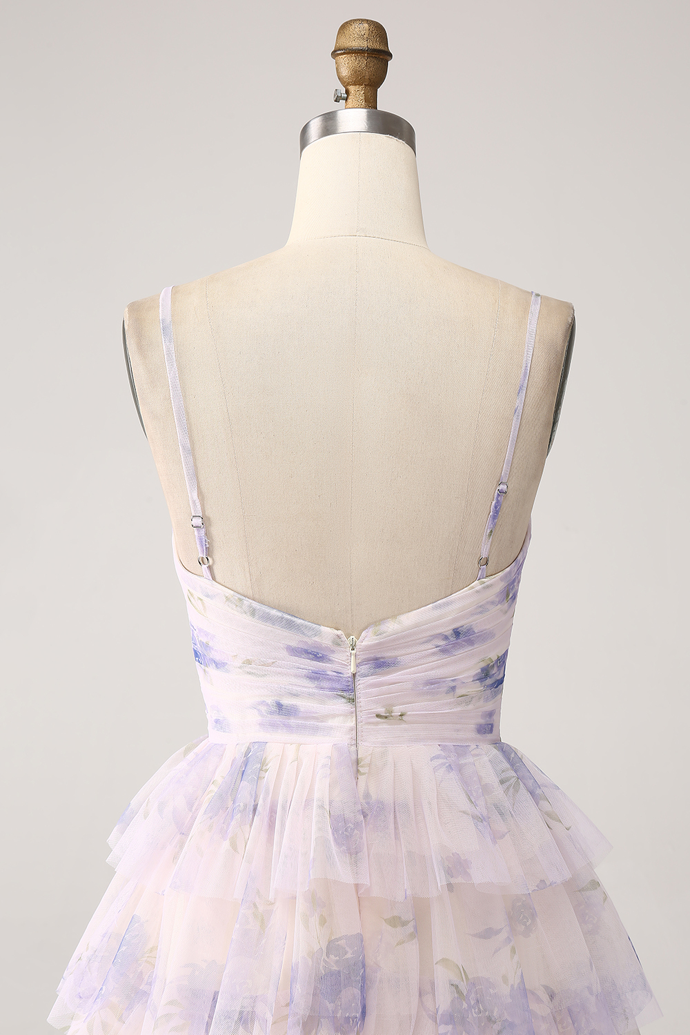 Lavender Flower A Line Cut Out Pleated Tulle Tiered Long Prom Dress With Print