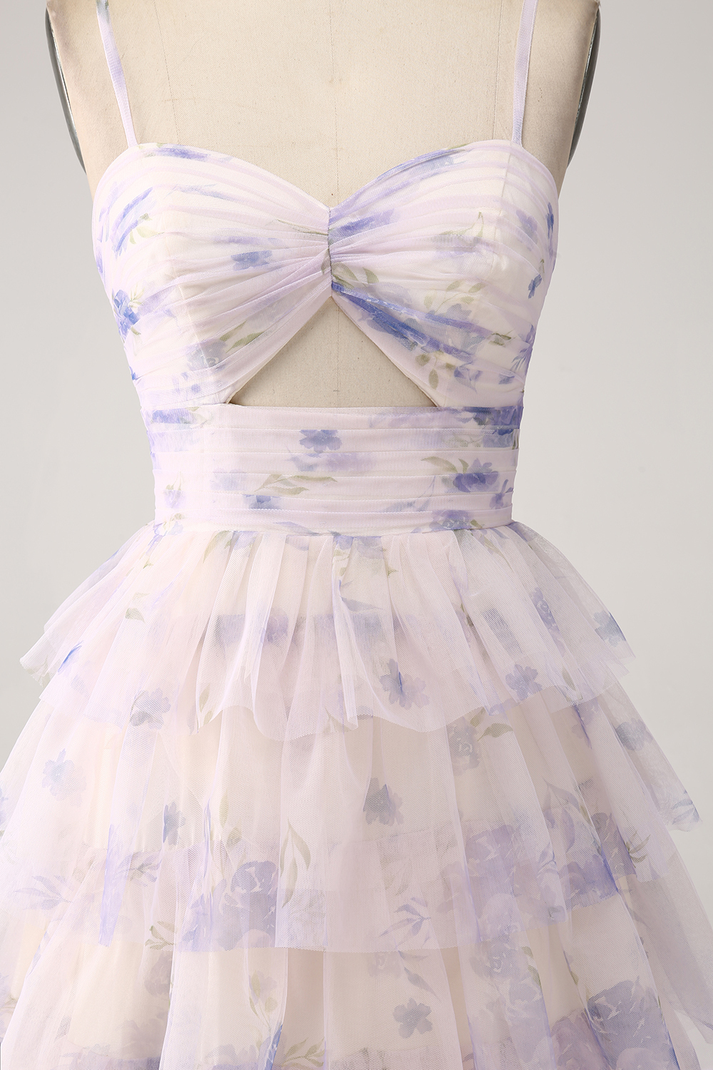 Lavender Flower A Line Cut Out Pleated Tulle Tiered Long Prom Dress With Print