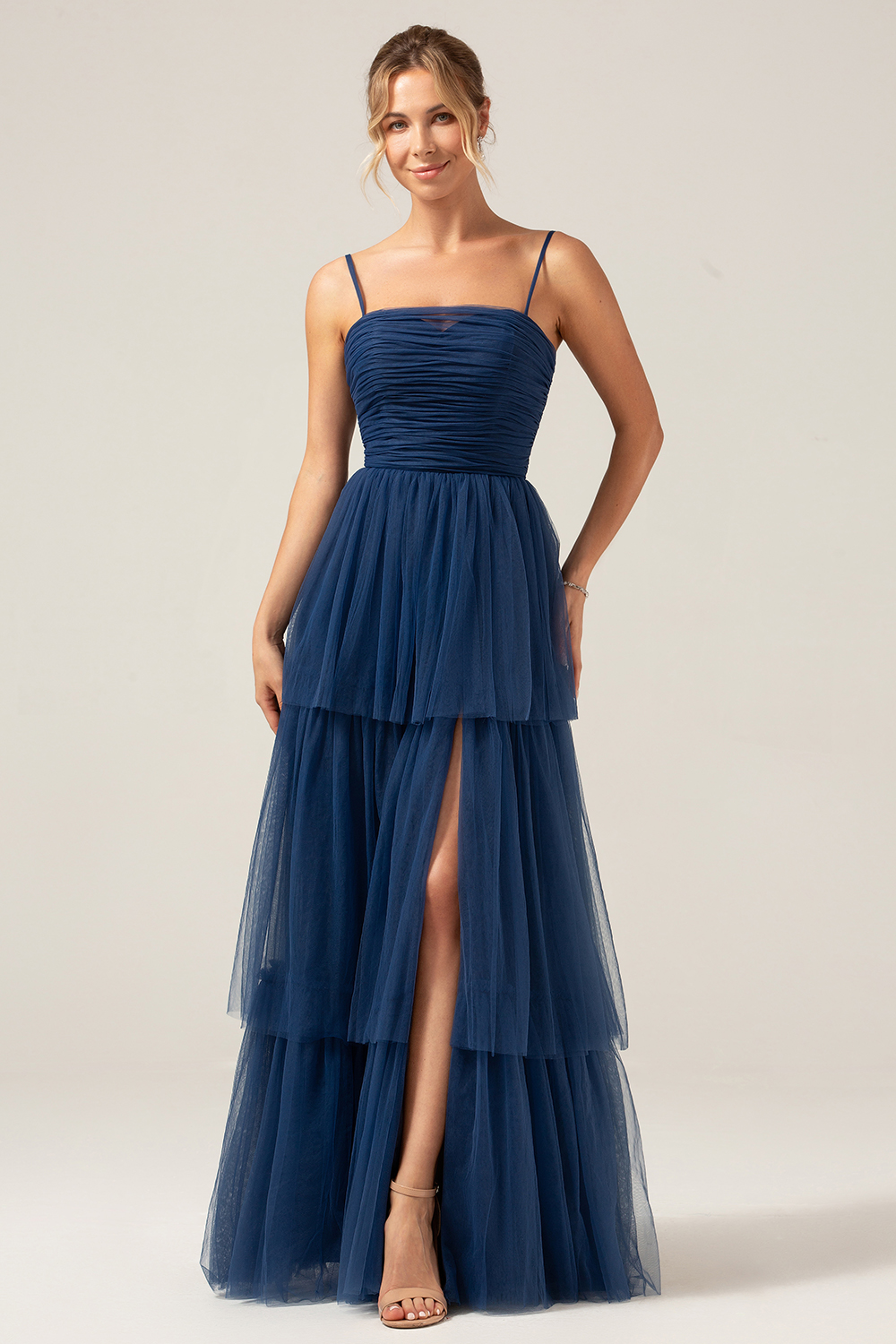 Leely Women Navy A Line Bridesmaid Dress Tulle Spaghetti Straps Long Tiered Pleated Wedding Guest Dress with Slit