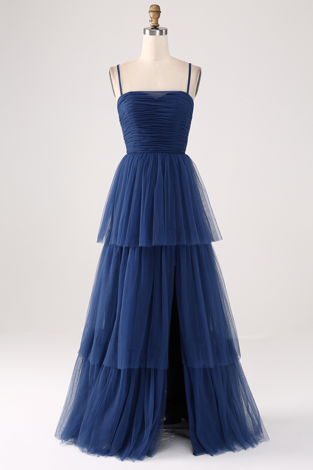 Spaghetti Straps A Line Navy Tulle Tiered Pleated Bridesmaid Dress with Slit