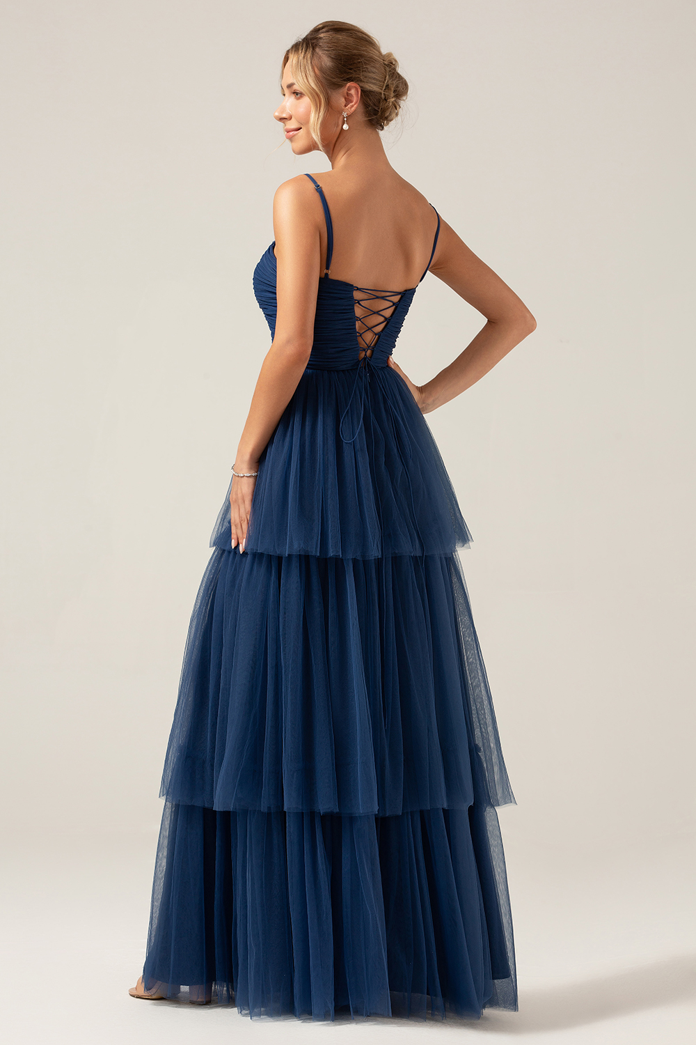 A Line Spaghetti Straps Tiered Navy Tulle Pleated Bridesmaid Dress with Slit