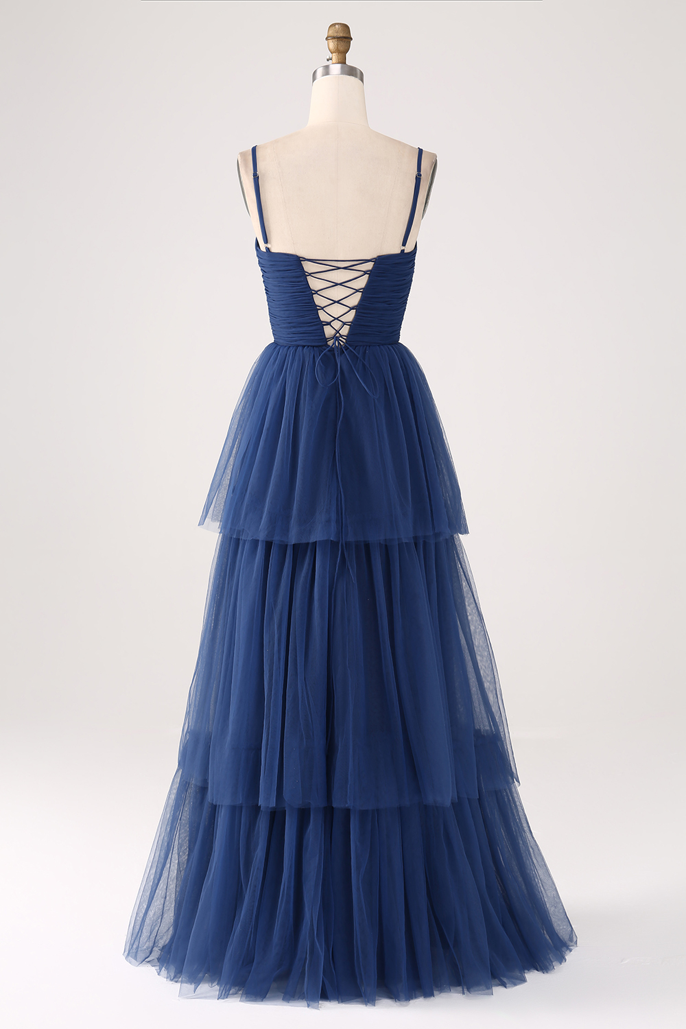 Spaghetti Straps A Line Navy Tulle Tiered Pleated Bridesmaid Dress with Slit