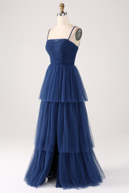 Spaghetti Straps A Line Navy Tulle Tiered Pleated Bridesmaid Dress with Slit