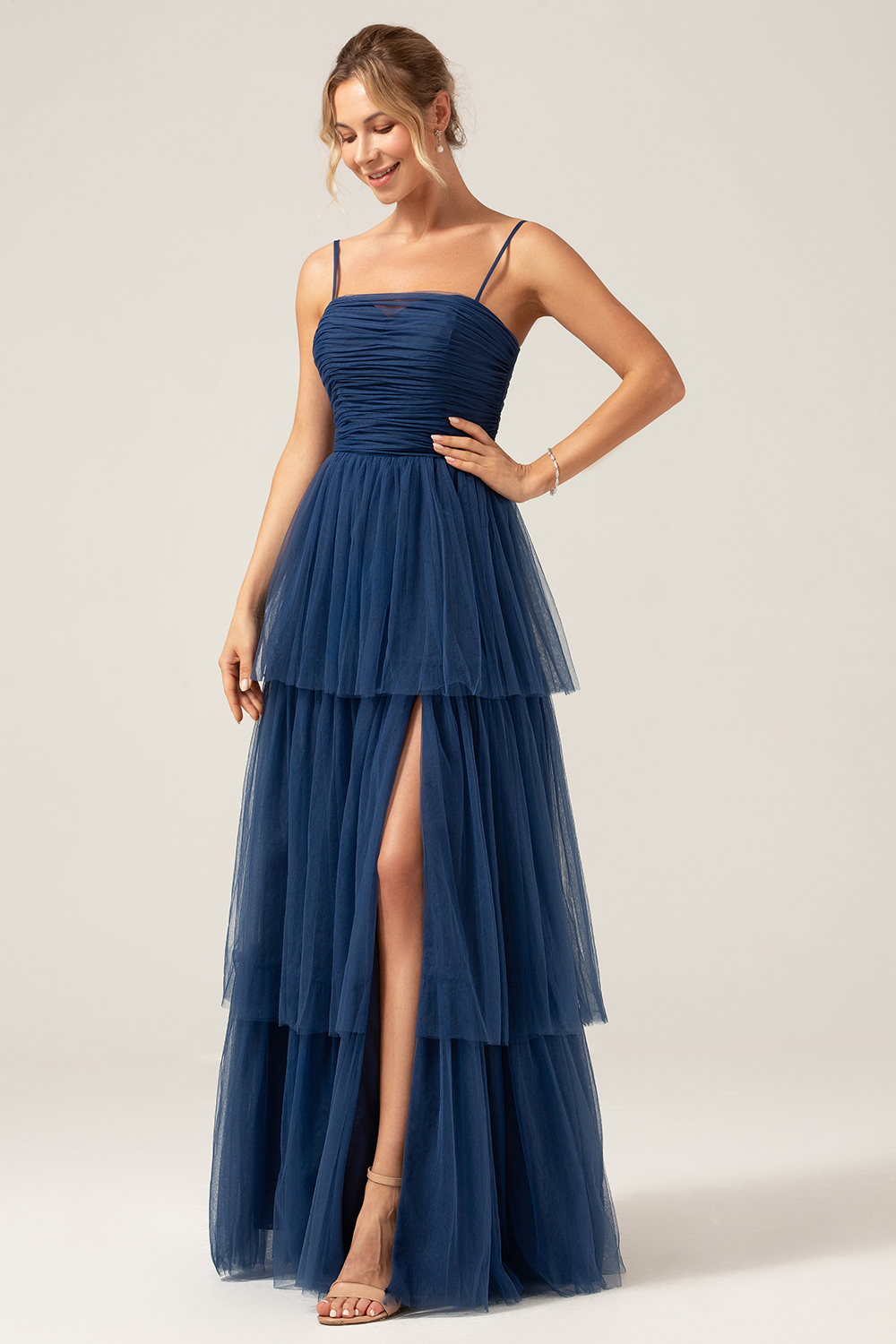 A Line Spaghetti Straps Tiered Navy Tulle Pleated Bridesmaid Dress with Slit