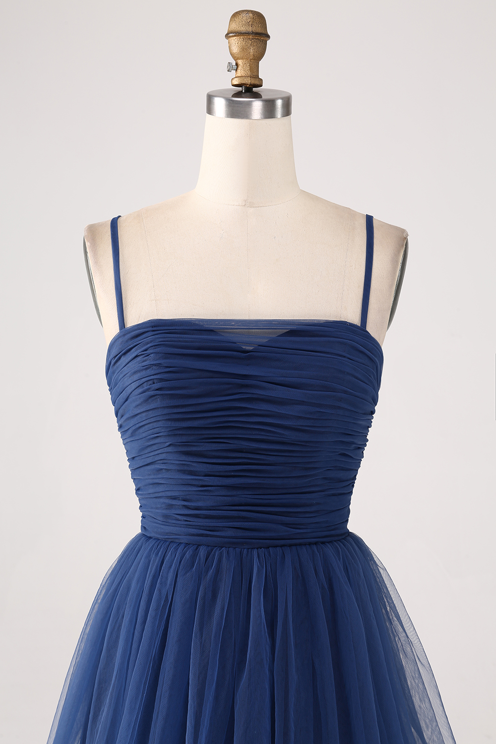 Spaghetti Straps A Line Navy Tulle Tiered Pleated Bridesmaid Dress with Slit