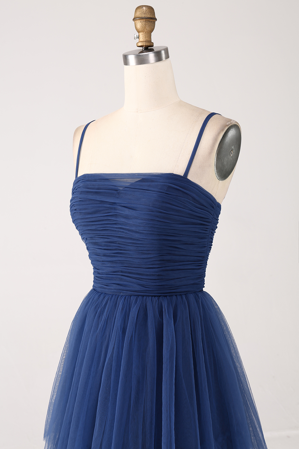 Spaghetti Straps A Line Navy Tulle Tiered Pleated Bridesmaid Dress with Slit