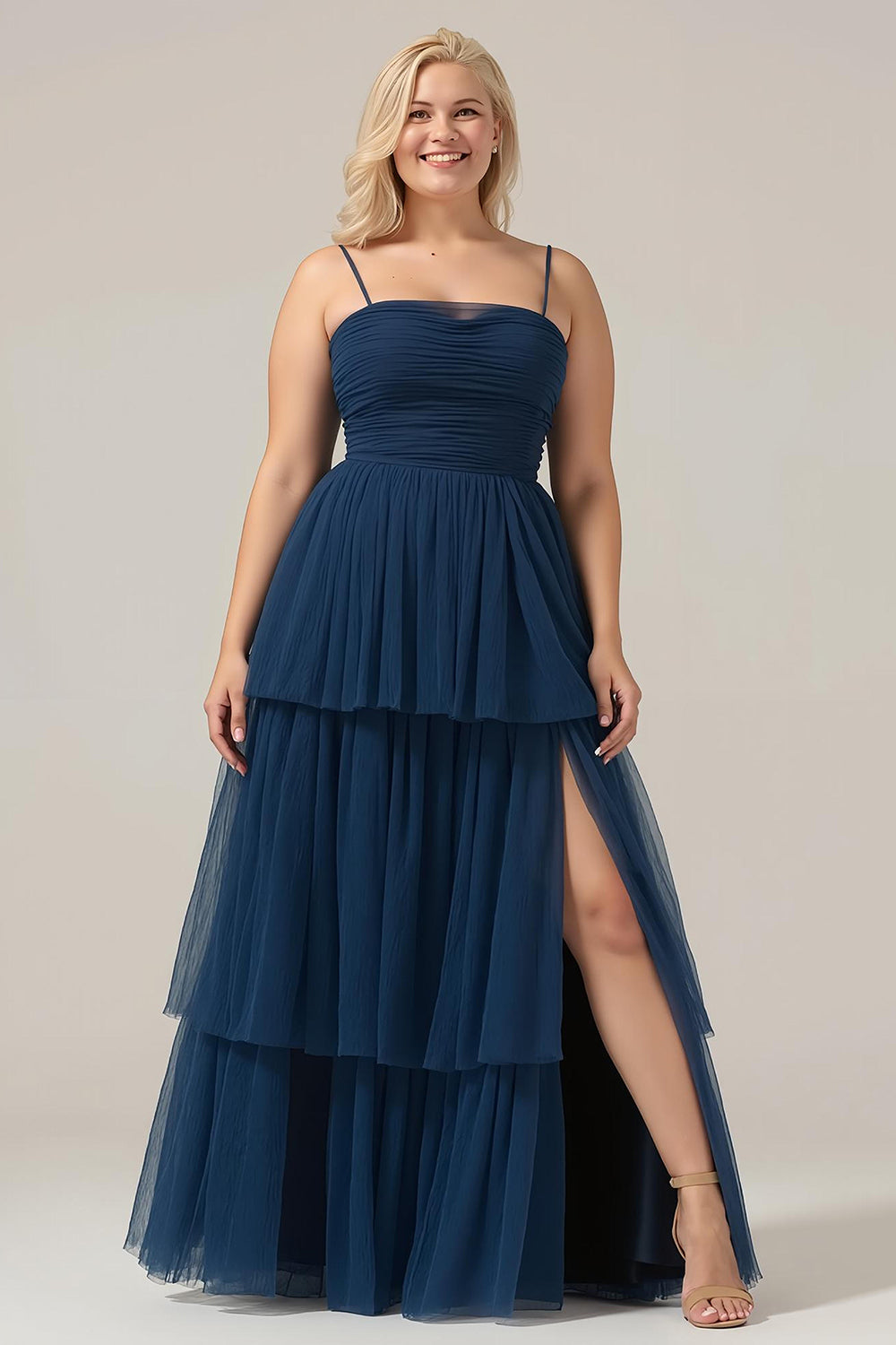 Plus Size A Line Tiered Spaghetti Straps Navy Maxi Bridesmaid Dress with Slit