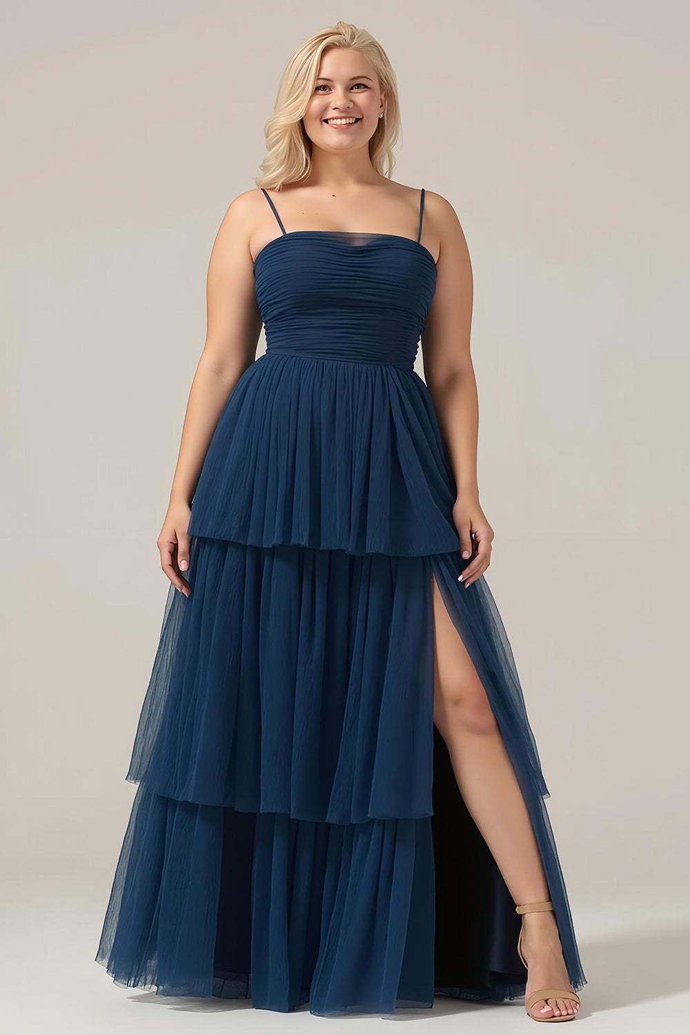 Leely Women Navy Plus Size A Line Bridesmaid Dress Spaghetti Straps Long Tiered Ruched Wedding Guest Dress with Slit