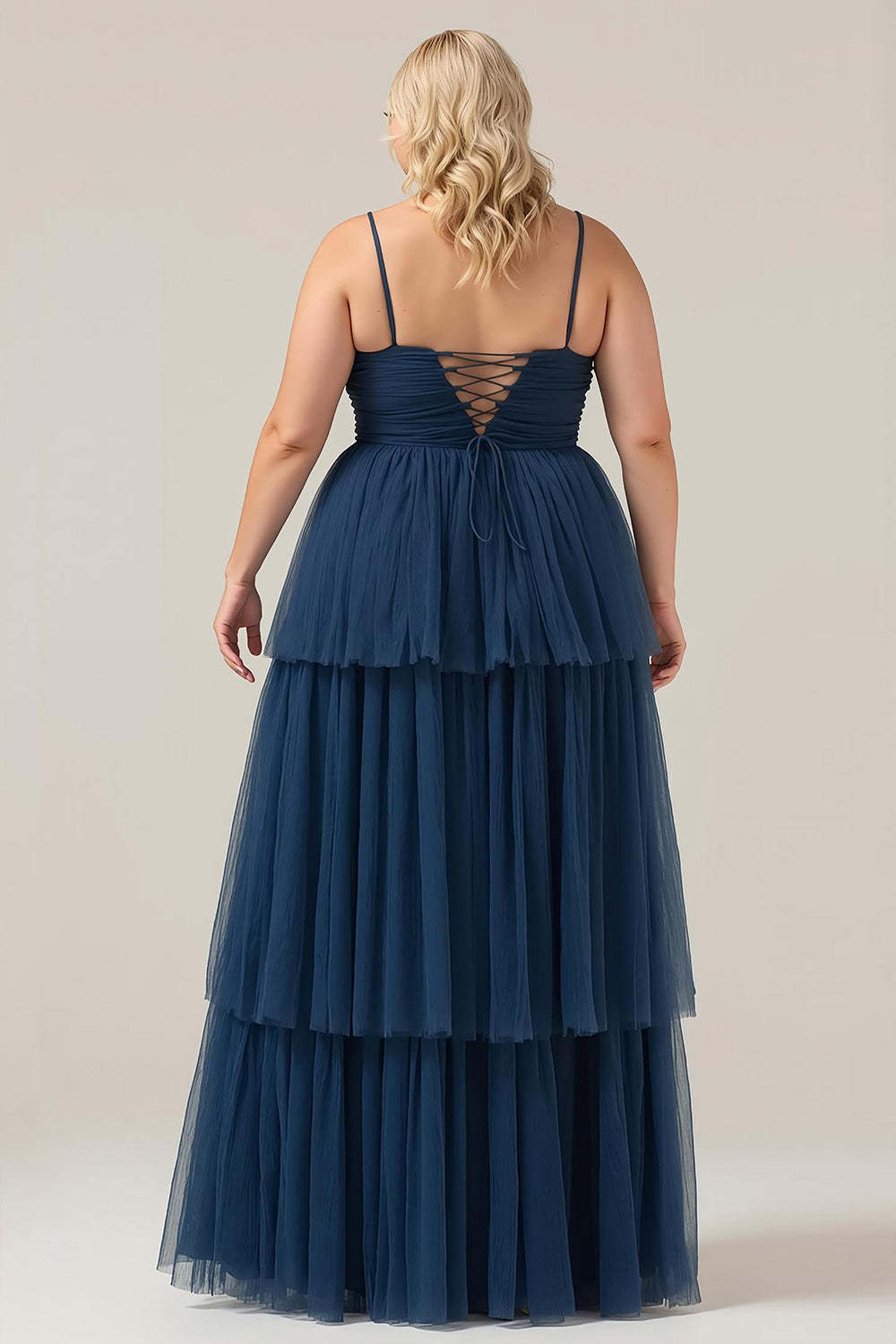 Plus Size A Line Tiered Spaghetti Straps Navy Maxi Bridesmaid Dress with Slit