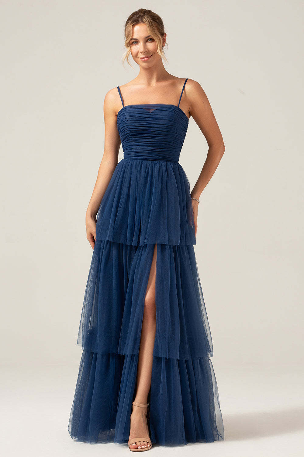 Plus Size A Line Tiered Spaghetti Straps Navy Maxi Bridesmaid Dress with Slit