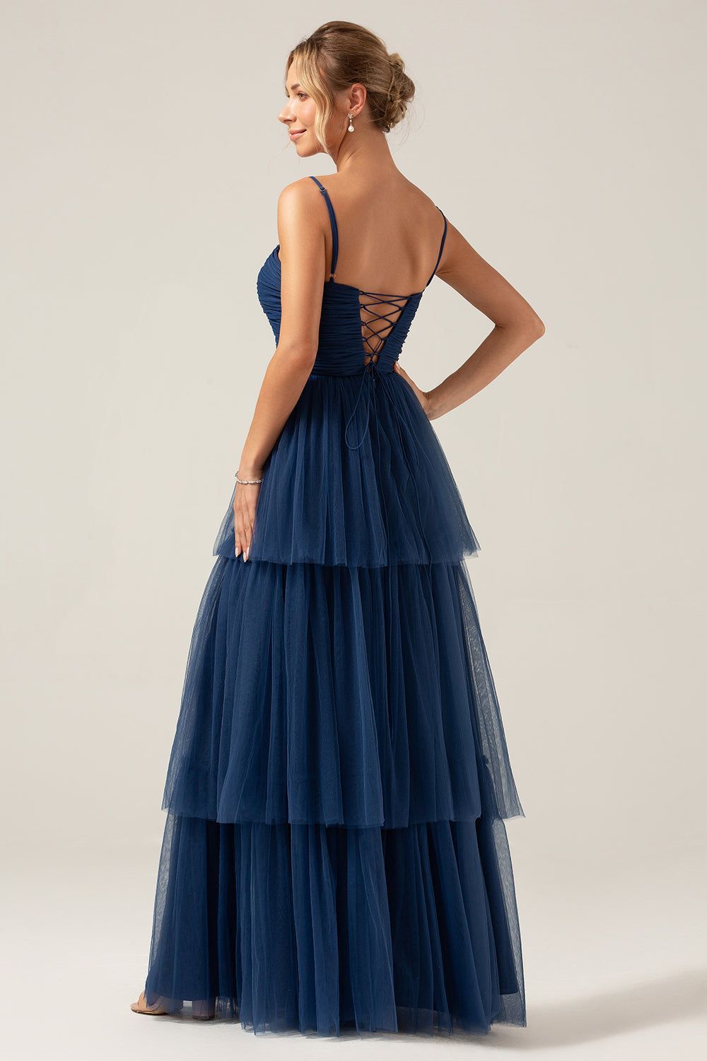 Plus Size A Line Tiered Spaghetti Straps Navy Maxi Bridesmaid Dress with Slit