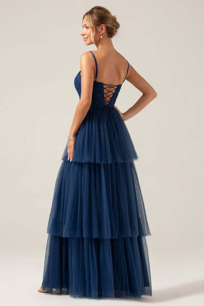 Plus Size A Line Tiered Spaghetti Straps Navy Maxi Bridesmaid Dress with Slit
