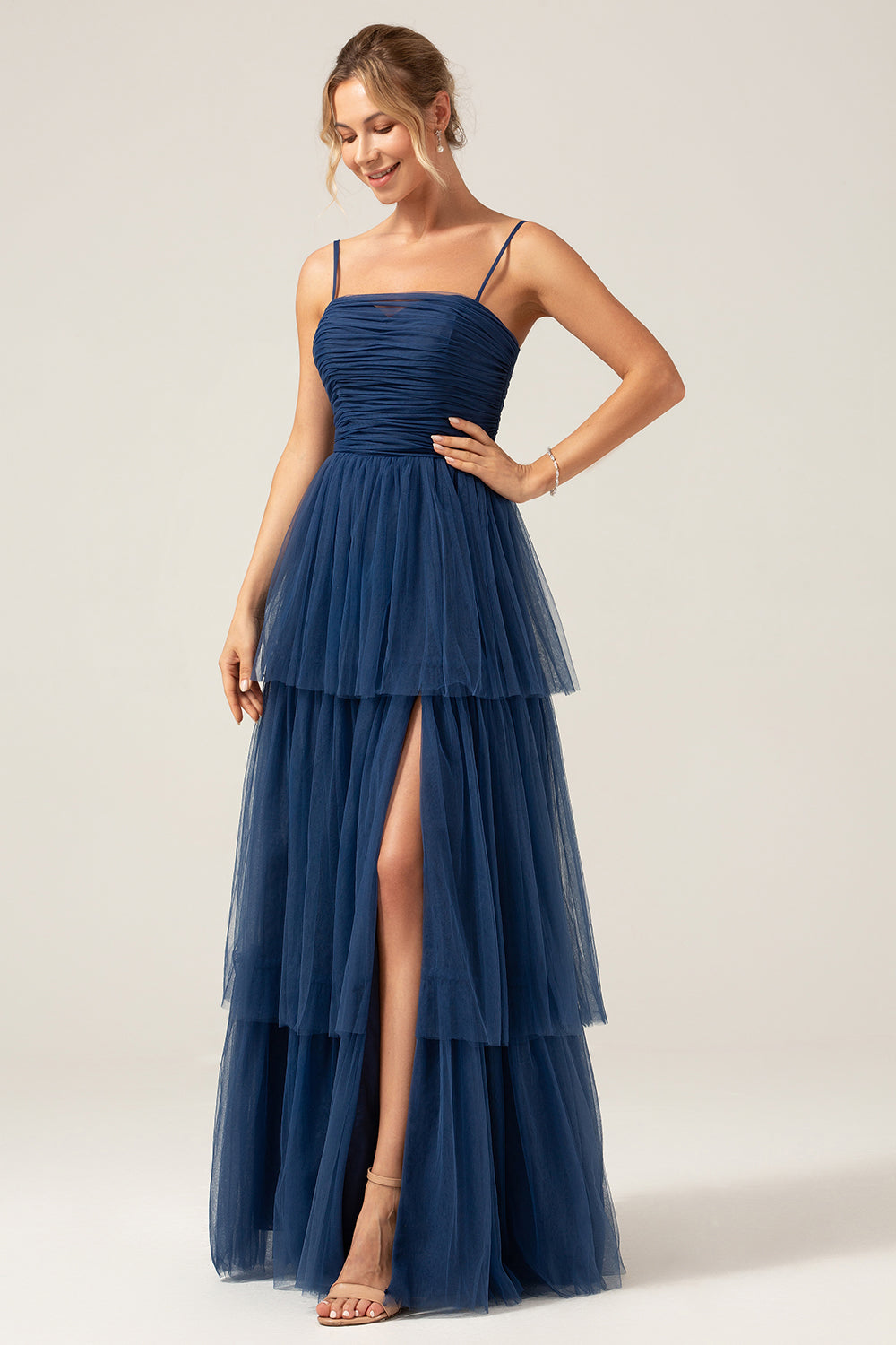 Plus Size A Line Tiered Spaghetti Straps Navy Maxi Bridesmaid Dress with Slit