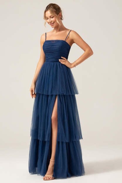 Plus Size A Line Tiered Spaghetti Straps Navy Maxi Bridesmaid Dress with Slit