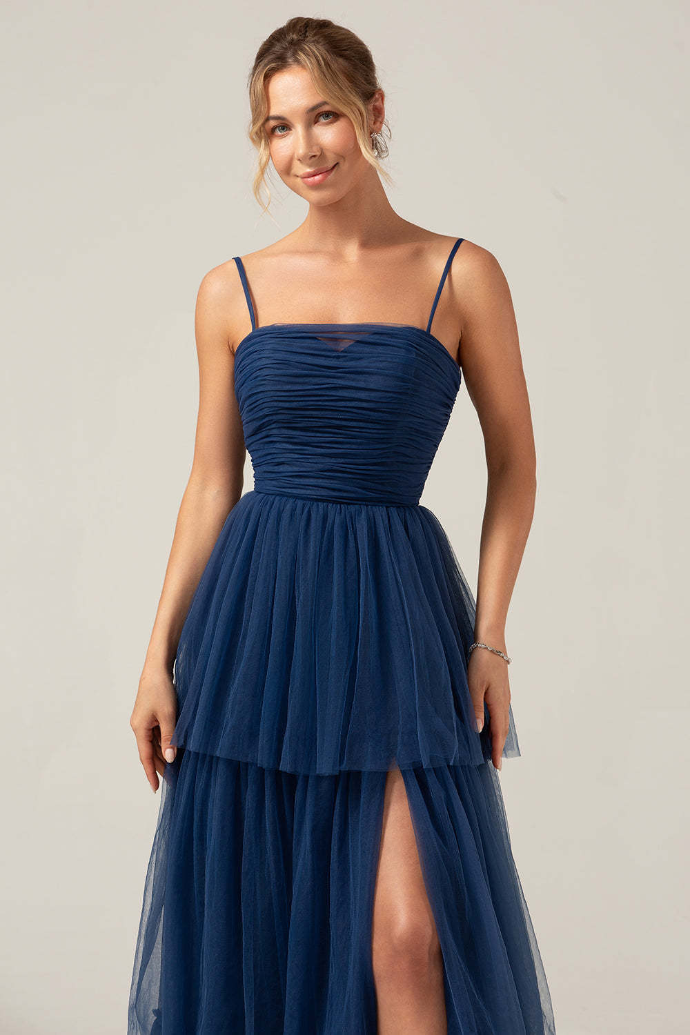Plus Size A Line Tiered Spaghetti Straps Navy Maxi Bridesmaid Dress with Slit