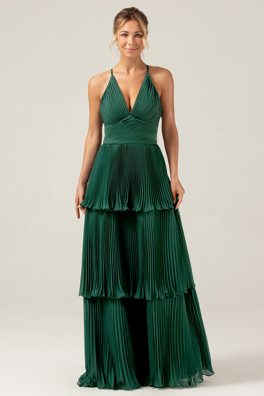 Leely Women Dark Green A-Line Tiered Chiffon Bridesmaid Dress Pleated V-Neck Long Wedding Guest Dress