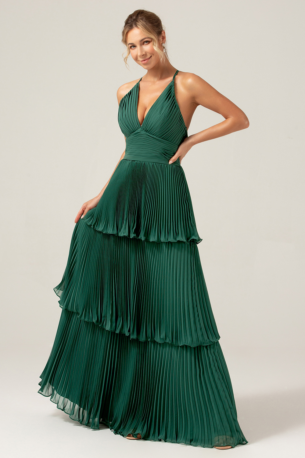 A-Line Pleated Dark Green Tiered Chiffon Bridesmaid Dress