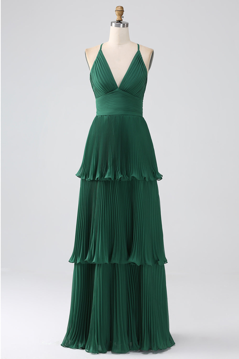 Leely Women A-Line Dark Green Tiered Chiffon Bridesmaid Dress with Pleated V-Neck Long Wedding Party Dress