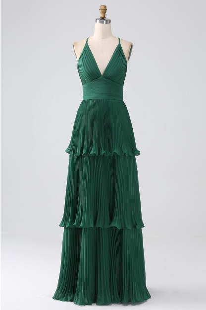 Leely Women A-Line Dark Green Tiered Chiffon Bridesmaid Dress with Pleated V-Neck Long Wedding Party Dress
