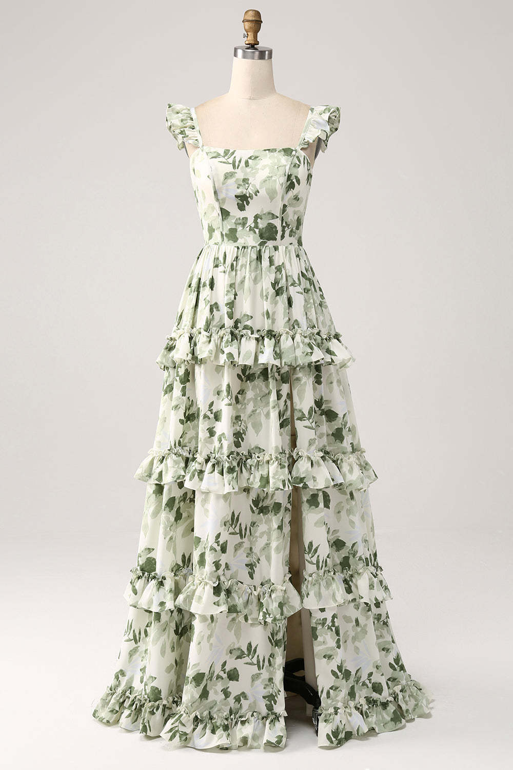 Green Floral Ruffles Tiered Floral Bridesmaid Dress with Slit