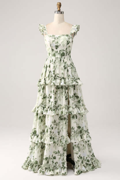 Green Floral Ruffles Tiered Floral Bridesmaid Dress with Slit