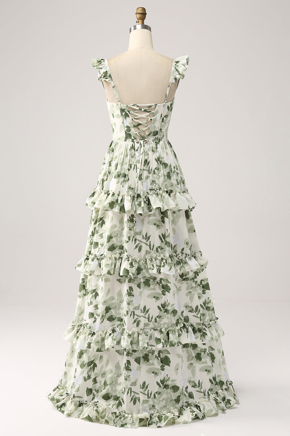 Green Floral Ruffles Tiered Floral Bridesmaid Dress with Slit