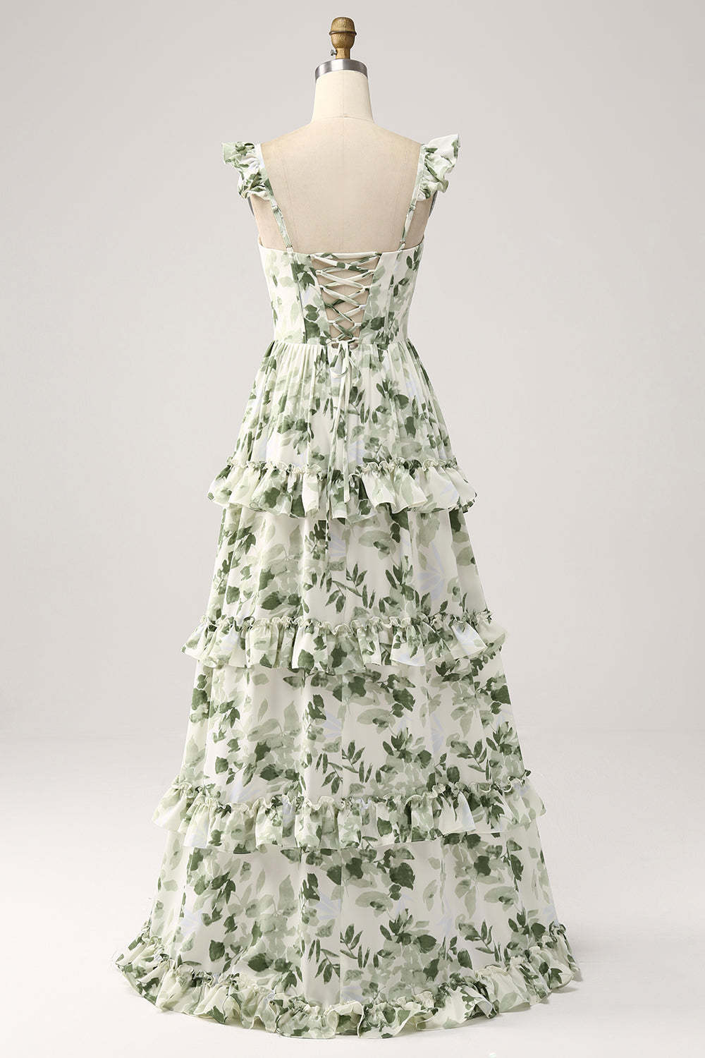 Green Floral Ruffles Tiered Floral Bridesmaid Dress with Slit