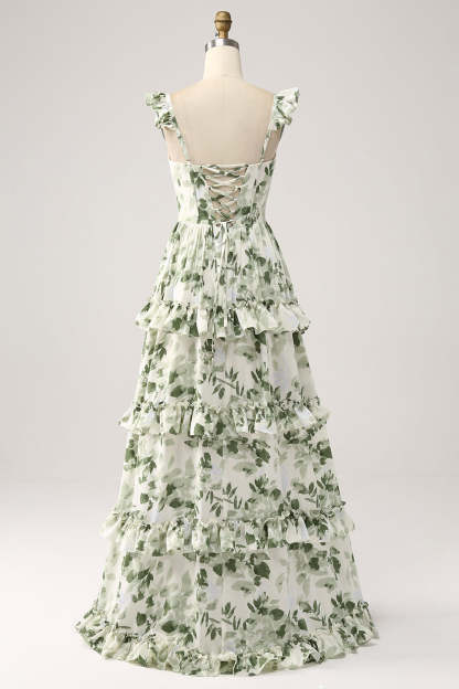 Green Floral Ruffles Tiered Floral Bridesmaid Dress with Slit