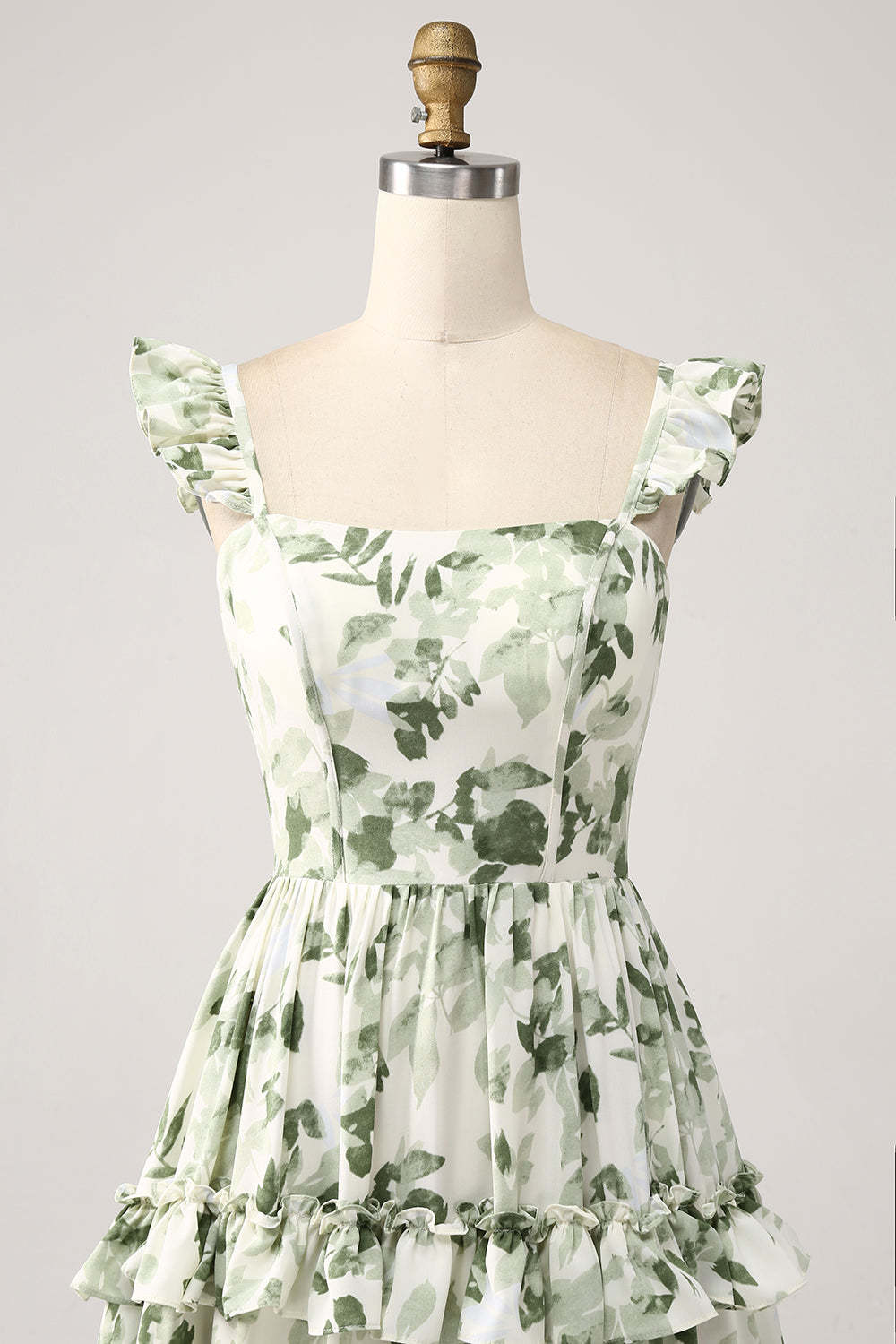 Green Floral Ruffles Tiered Floral Bridesmaid Dress with Slit
