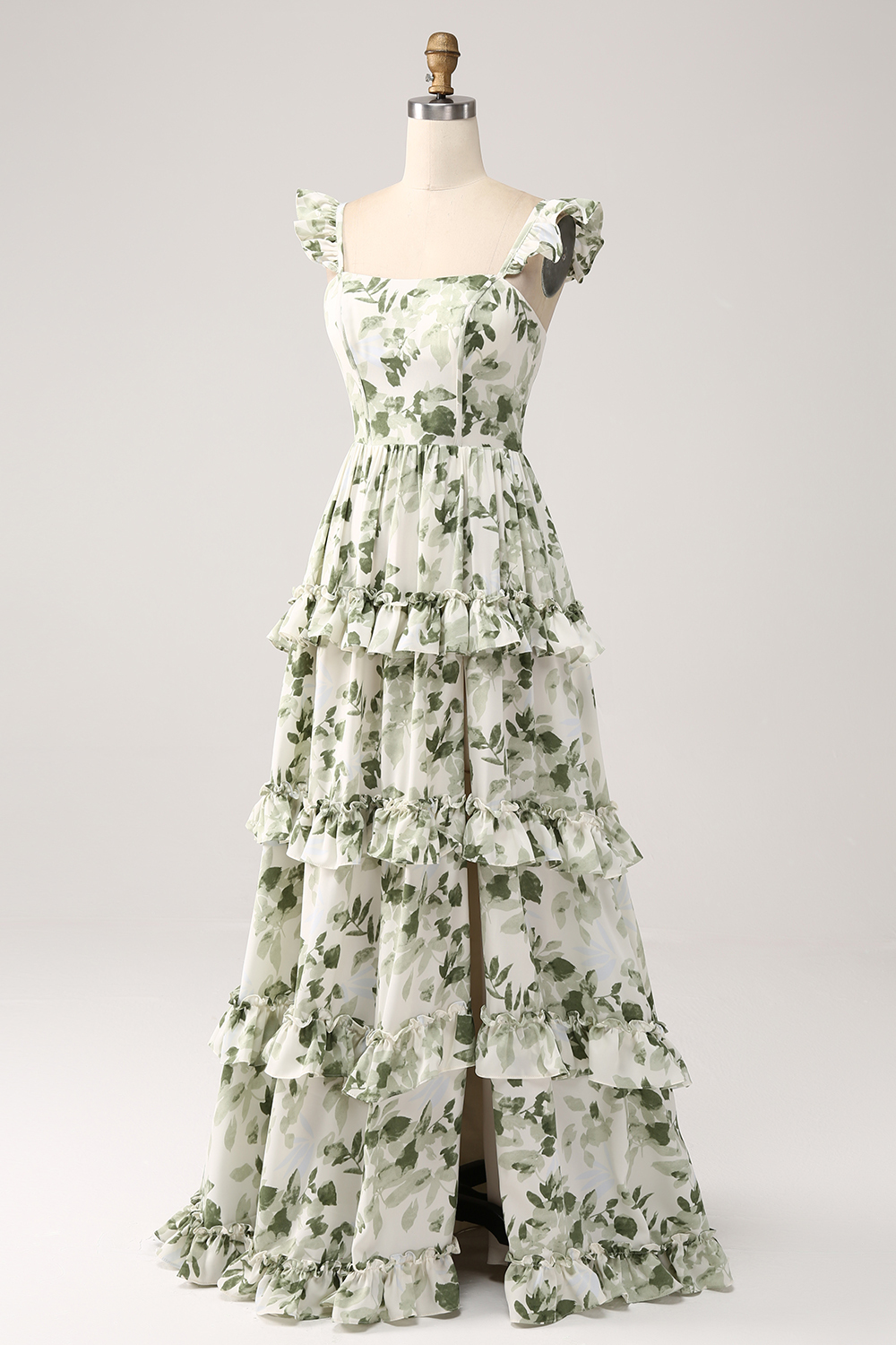 Green A Line Square Neck Tiered Printed Long Prom Dress With Slit